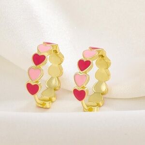 Gold and Pink Heart Hoop Earrings